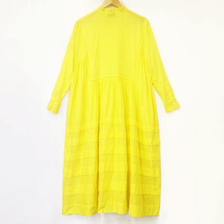 Band Collar Pintuck Gathered Shirt Dress / Lemon Yellow