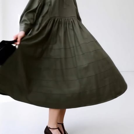Pintuck Gathered Shirt Dress / Khaki Green