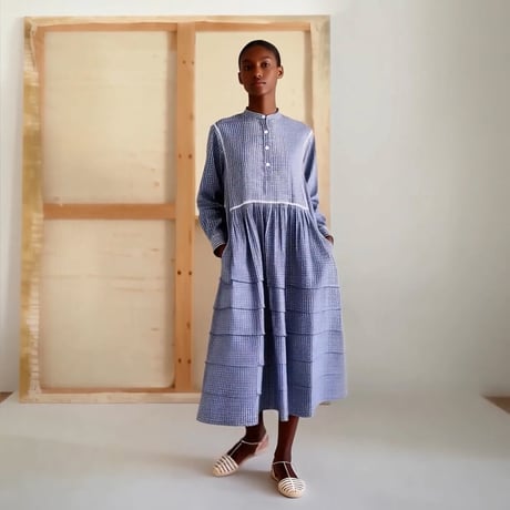 Gingham Cotton Pintuck Gathered Dress / Black × White