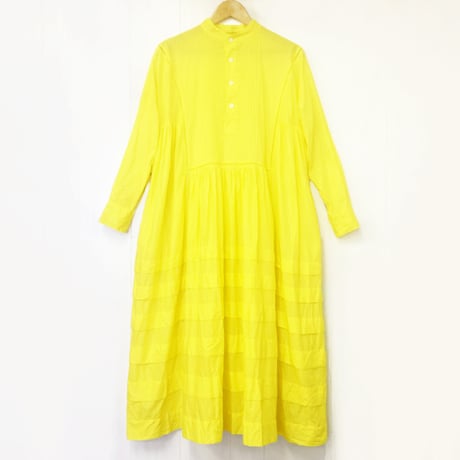Band Collar Pintuck Gathered Shirt Dress / Lemon Yellow
