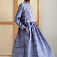 Gingham Cotton Pintuck Gathered Dress / Black × White