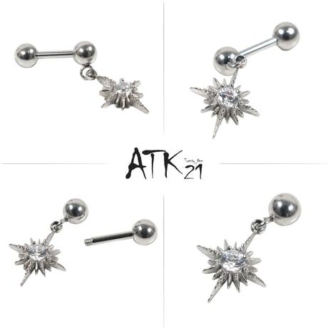 ATK21 サンモチーフ 太陽 ボディピアス 16G シャフト6mm CZストーン ストレートバーベル シルバー 片耳用（1個売り） ユニセックス