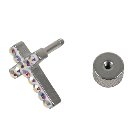 ATK21 オーロラストーン クロスピアス 16G シャフト6mm 十字架 ストレートバーベル ボディピアス シルバー 片耳用（1個売り） ユニセックス