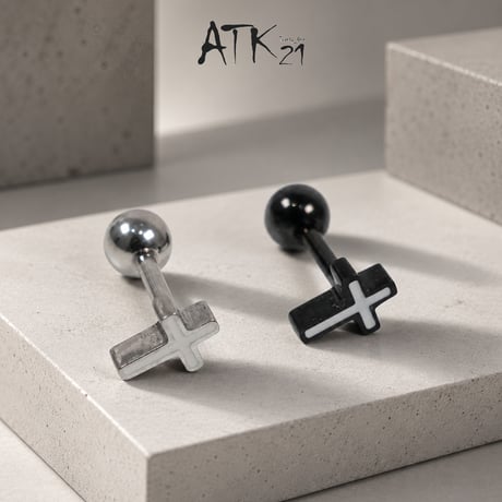 ATK21 十字架 クロスモチーフ ボディピアス 16G ストレートバーベル ホワイトクロス 選べる2カラー 片耳用（1個売り） ユニセックス