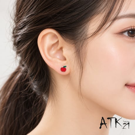 ATK21 りんごモチーフ ボディピアス 16G シャフト6mm レッドアップル ストレートバーベル サージカルステンレス316L 片耳用（1個売り） 韓国風 ユニセックス