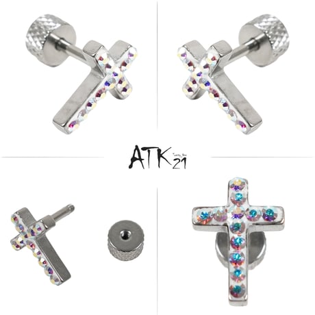 ATK21 オーロラストーン クロスピアス 16G シャフト6mm 十字架 ストレートバーベル ボディピアス シルバー 片耳用（1個売り） ユニセックス