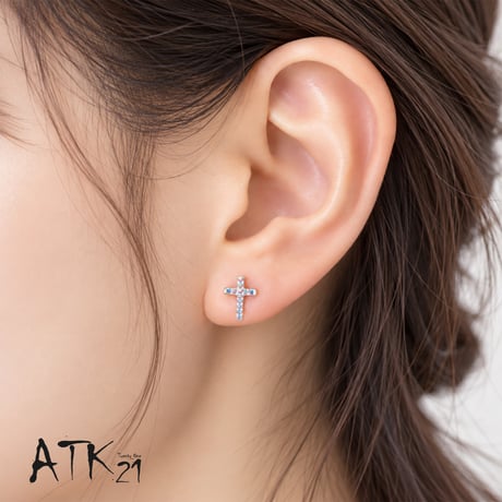 ATK21 オーロラストーン クロスピアス 16G シャフト6mm 十字架 ストレートバーベル ボディピアス シルバー 片耳用（1個売り） ユニセックス