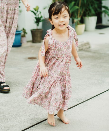 【MWEZI by ZURIsol 沖縄 子供服/キッズ ファッション/親子・カップルリンクコーデ】 ブロックプリント ワンピース ガールズ インド綿 コットン100%  / KIDS DRESS