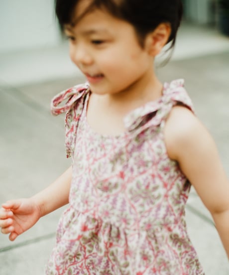 【MWEZI by ZURIsol 沖縄 子供服/キッズ ファッション/親子・カップルリンクコーデ】 ブロックプリント ワンピース ガールズ インド綿 コットン100%  / KIDS DRESS