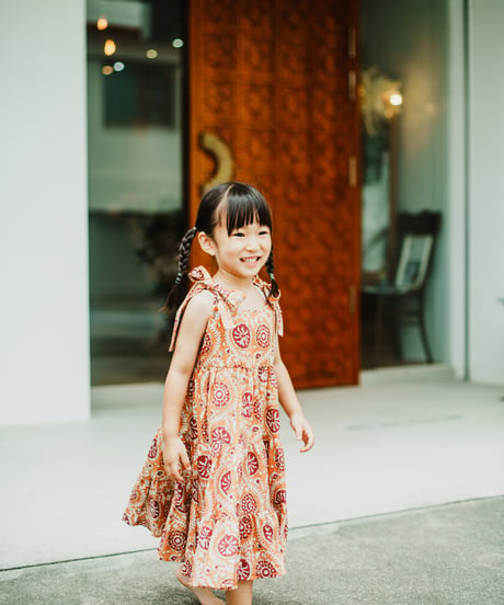 【MWEZI by ZURIsol 沖縄 子供服/キッズ ファッション/親子・カップルリンクコーデ】 ブロックプリント ワンピース ガールズ インド綿 コットン100%  / KIDS DRESS