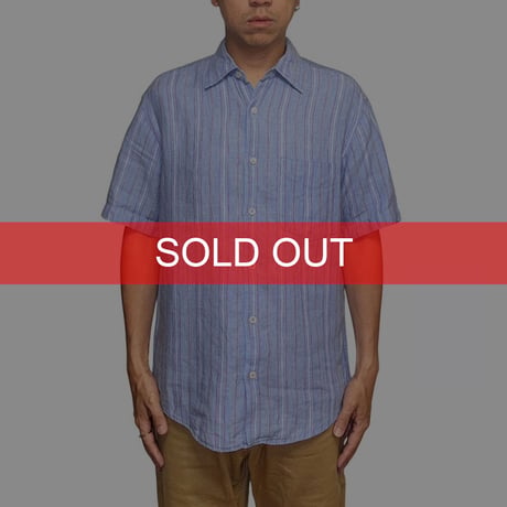【USED】00's J.CREW Multi-Stripe Linen S/S Shirt Light Blue