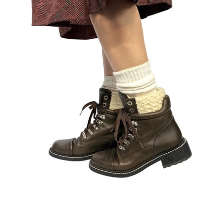 【USED】CHANEL 2015AW Wool Tweed Paneled Lace-Up Leather Short Boots