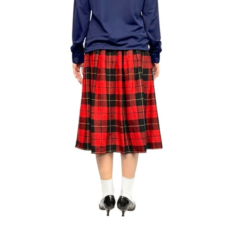 【USED】80's Verdosa PARIS Wool Blend Tartan Plaid Pleated Wrap Skirt RED×BLK