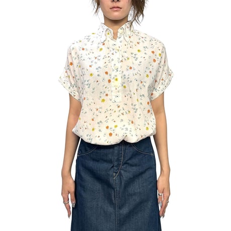 【USED】80's Euro Vintage Floral Print Half-Button Drawstring Blouse