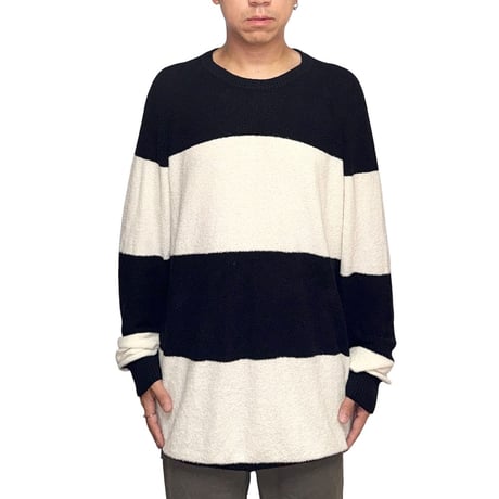【USED】2010's DIESEL Italian Yarn Wide Stripe Pile Knit Sweater Black × Ivory Size:XL
