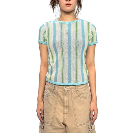 【USED】80's TRICOTEX Multi Striped Mesh T-shirt Made in Hungary