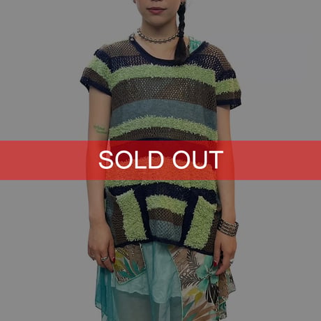 【USED】00's MULTI BORDER KNIT FRENCH SLEEVE TOP