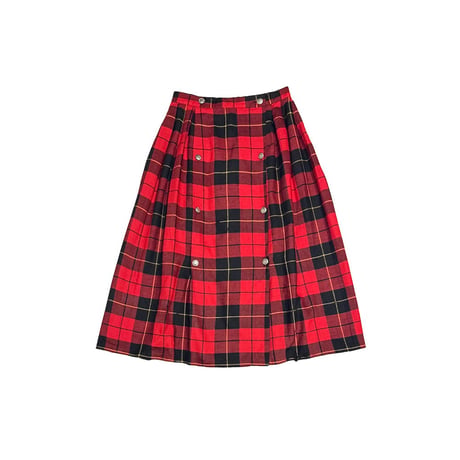 【USED】80's Verdosa PARIS Wool Blend Tartan Plaid Pleated Wrap Skirt RED×BLK