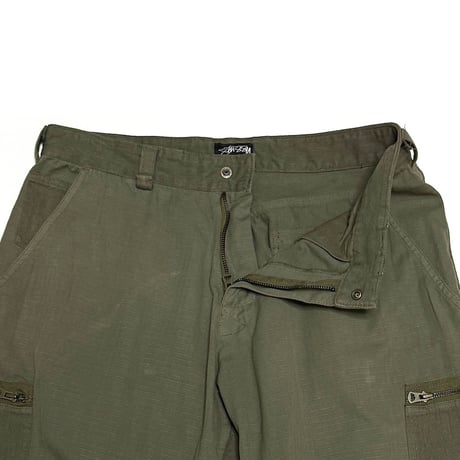 【USED】00's STUSSY Mixed Fabric Ripstop Flight Cargo Pants Olive