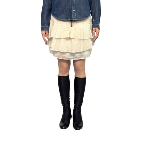【USED】90's-00's Euro Vintage Crinkle Cotton Striped Tiered Mini Skirt