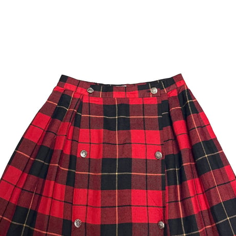 【USED】80's Verdosa PARIS Wool Blend Tartan Plaid Pleated Wrap Skirt RED×BLK