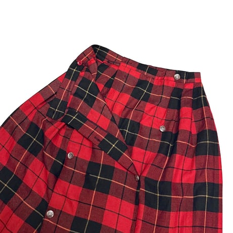 【USED】80's Verdosa PARIS Wool Blend Tartan Plaid Pleated Wrap Skirt RED×BLK