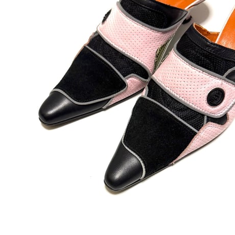 【USED】90's W.&L.T. Futuristic Leather Mule Pumps Pink × Black