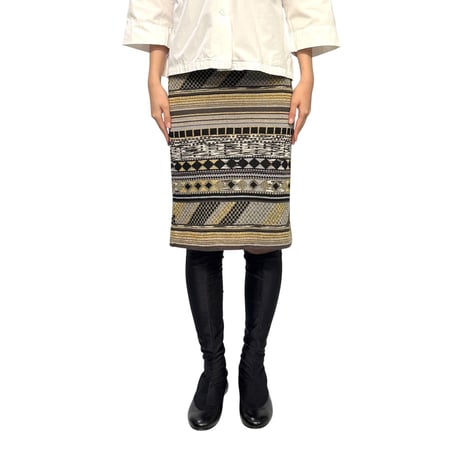 【USED】80's-90's KENZO JUNGLE Mixed Knit Jacquard Pencil Skirt Made in France