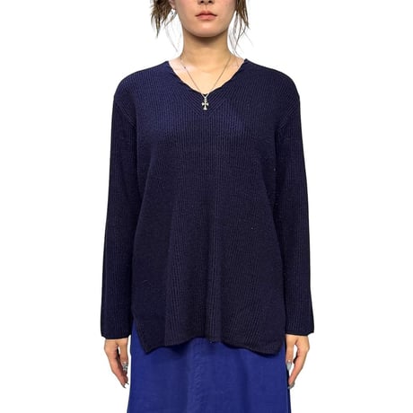 【USED】90's-00's UN DEUX TROIS V-Neck Ribbed Knit Sweater Navy