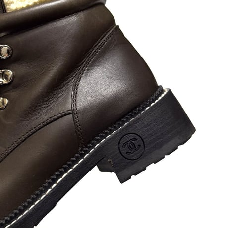 【USED】CHANEL 2015AW Wool Tweed Paneled Lace-Up Leather Short Boots