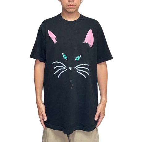 【USED】90's Glitter Cat Face Graphic T-shirt Black
