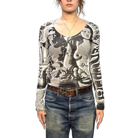 【USED】00's MISS SIXTY Hippie Girl All-Over Graphic Long Sleeve T-shirt