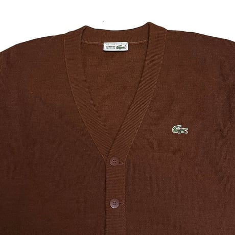 【USED】80's CHEMISE LACOSTE Logo Wool Blend Knit Cardigan Brown Made in France