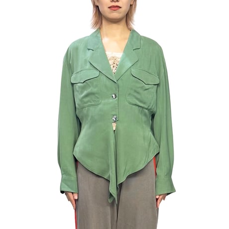 【USED】90's KENZO PARIS Viscose Blend Designed Hem Jacket Green