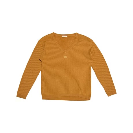 【USED】70's Courrèges Front Logo V-Neck Rib Knit Sweater Mustard Brown Made in France