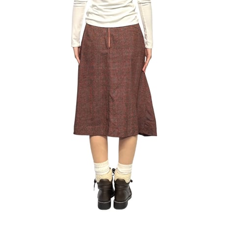 【USED】80's LANVIN PARIS Glen Check Wool Panel Skirt Brown