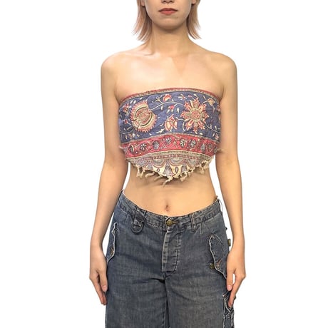 【USED】00's POLO JEANS CO. RALPH LAUREN Indian Cotton Printed Fringe Bustier Top