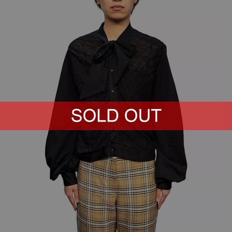【USED】80's Black Sheer Puff Sleeve Bow Blouse