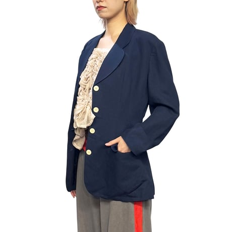 【USED】80's-90's KENZO JUNGLE France Made Linen Blend Tailored Jacket Navy