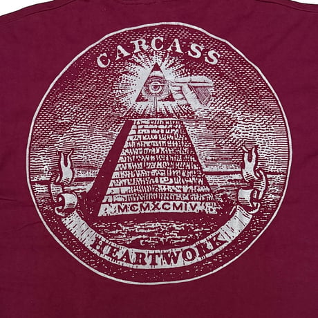 【USED】90's Carcass “Heartwork” T-shirt Burgundy