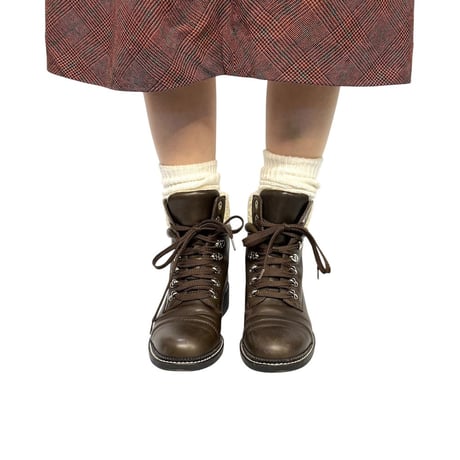 【USED】CHANEL 2015AW Wool Tweed Paneled Lace-Up Leather Short Boots