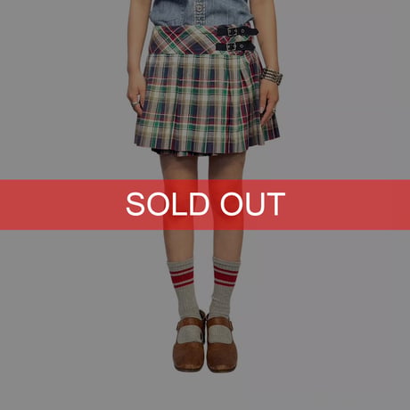 【USED】90's-00's RALPH LAUREN MADRAS CHECK PLEATED WRAP MINI SKIRT