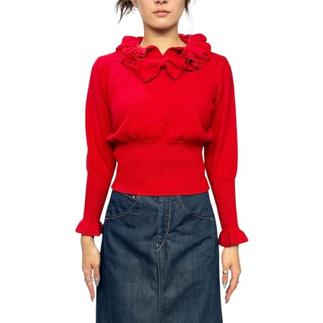 【USED】80's Ruffle Collar Bow Knit Sweater RED