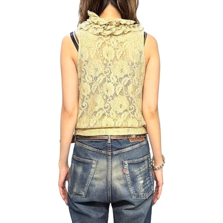 【USED】90's-00's DRIES VAN NOTEN All-Over Lace Asymmetric Ruffle Sleeveless Top