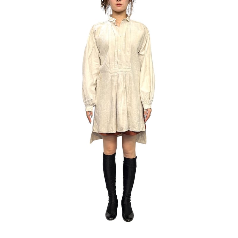 USED】1920's French Antique Linen Pleated Smock