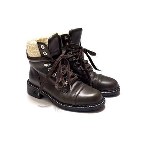 【USED】CHANEL 2015AW Wool Tweed Paneled Lace-Up Leather Short Boots