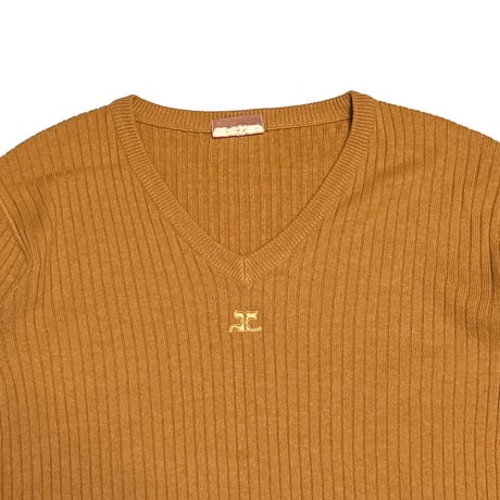 【USED】70's Courrèges Front Logo V-Neck Rib Knit Sweater Mustard Brown Made in France