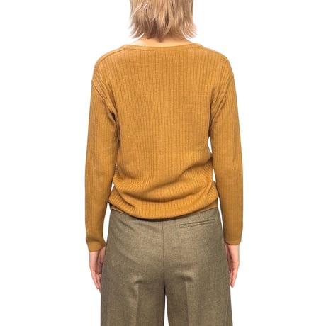 【USED】70's Courrèges Front Logo V-Neck Rib Knit Sweater Mustard Brown Made in France