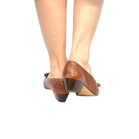 【USED】90's-00's Salvatore Ferragamo Vara Lizard-Embossed Leather Pumps Brown