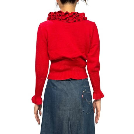 【USED】80's Ruffle Collar Bow Knit Sweater RED